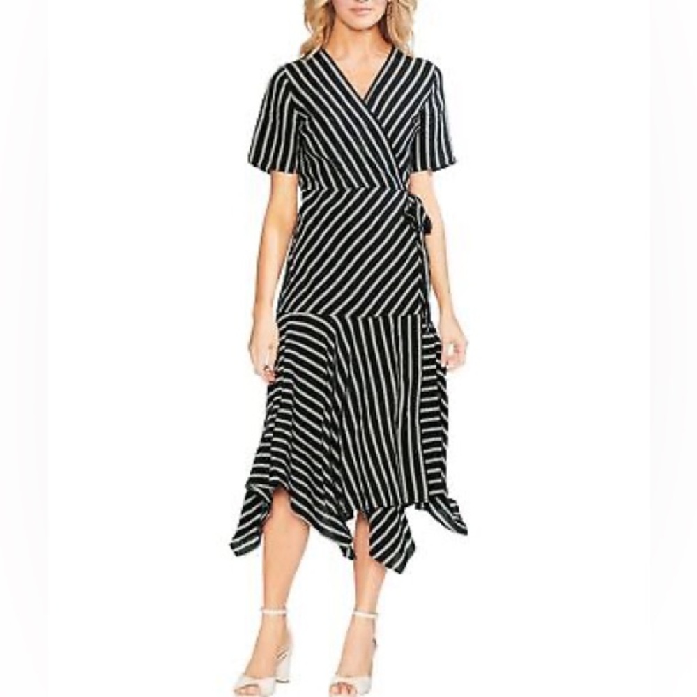 Vince Camuto Striped Wrap Dress Sz 14 Black White